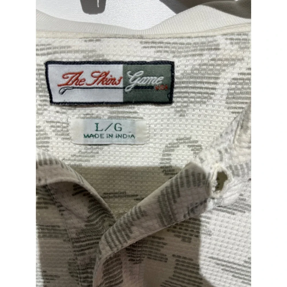 The Skins Game Mens Large Polo Shirt Waffle Knit Scroll Floral Damask Cream Grey